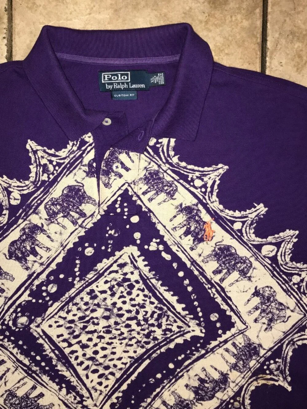 Men's Vintage Polo Ralph Lauren Aztec Elephant AOP Polo Shirt-Size XL(Custom Fit